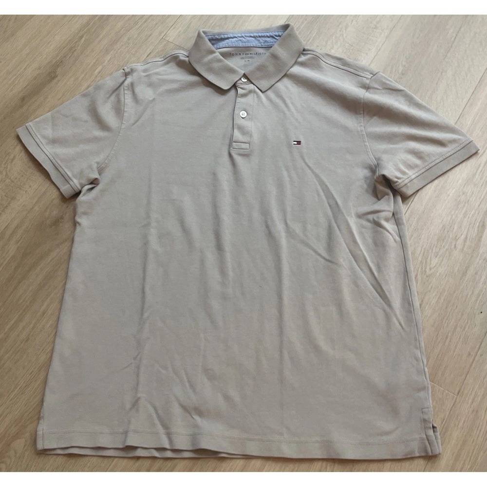 Tommy Hilfiger Polo Shirt Men's‎ Large Tan Classic Fit Pique Flag Logo Casual